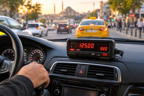 Photo — a licensed Turkish taxi + meter close-up